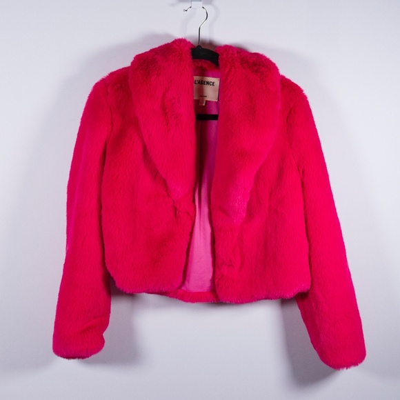 L'Agence Davy Crop Faux Vegan Fur Open Front Cropped Jacket Coat Hot Fuchsia 0 - Picture 1 of 4